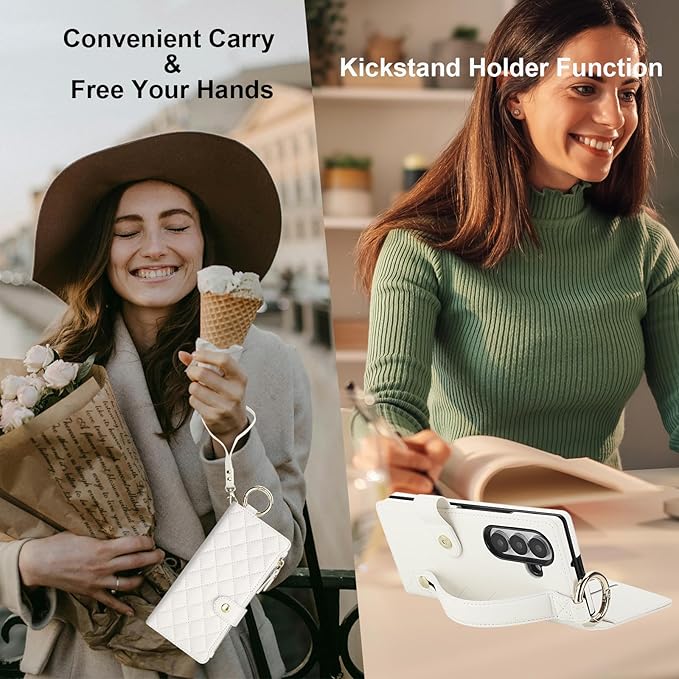 KIHUWEY for Galaxy Z Fold 7 Wallet Case with Card Holder Premium Leather Magnetic RFID Blocking Shockproof Zipper Wrist Strap Lanyard Cover for Samsung Galaxy Z Fold 7 8.0 Inch (White)