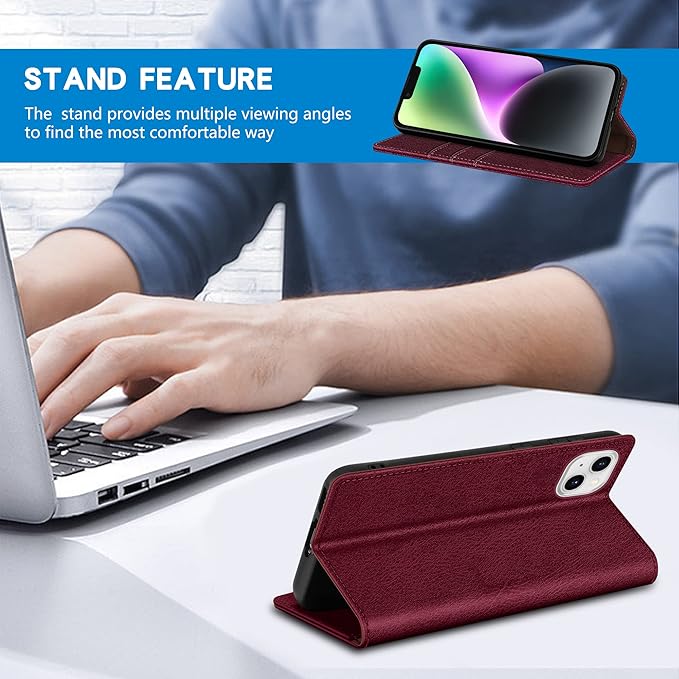 ZZXX for iPhone 15 Wallet Case with [RFID Blocking] Card Slot Stand Strong Magnetic Leather Flip Fold Protective Phone Case for iPhone 15 Case Wallet(Wine Red-6.1 inch)