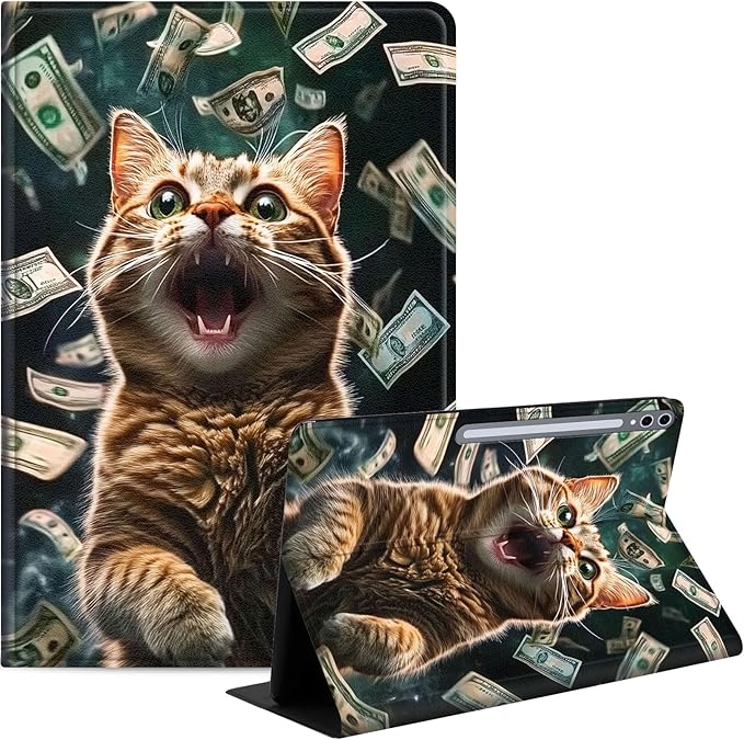 Case for Samsung Galaxy Tab S10 Plus/ S9 FE Plus/ S9 Plus 5G Tablet 12.4'', Slim PU Leather Stand Cover with Auto Wake/Sleep, Multi-Angle Viewing & Shockproof, Excited Cat