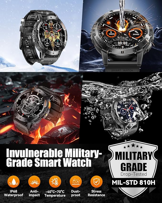 Military Smart Watches for Men with Bluetooth Call, 1.43" AMOLED Waterproof Smartwatch with Flashlight, 111 Sport Modes, 530mAh Heart Rate/SpO2/Sleep Monitor Fitness Tracker for Android iOS