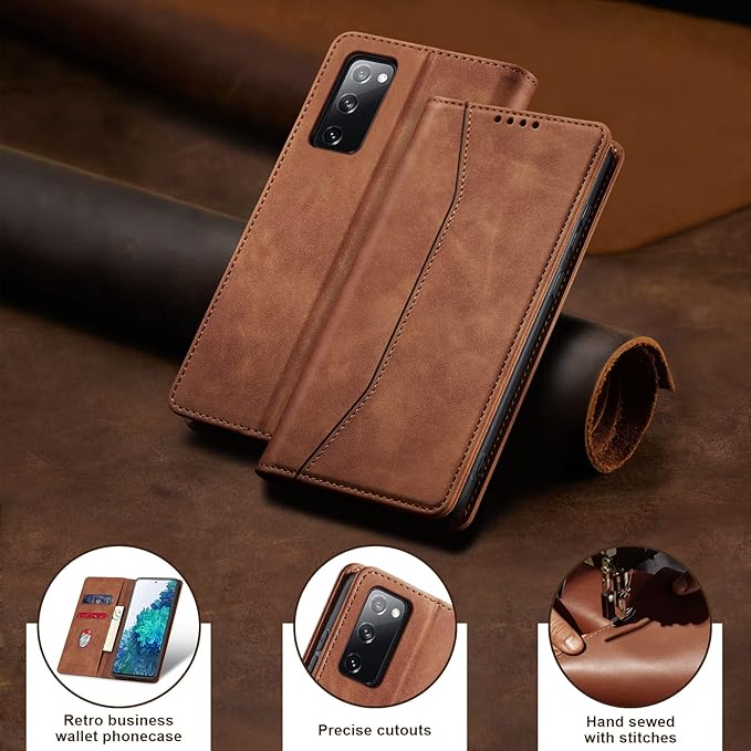 Jasonyu Flip Wallet Case for Samsung Galaxy S20 FE 5G,Leather Magnetic Folio Cover with Card Holder,Kickstand - TPU Shockproof Durable Protective Phone Case,Brown