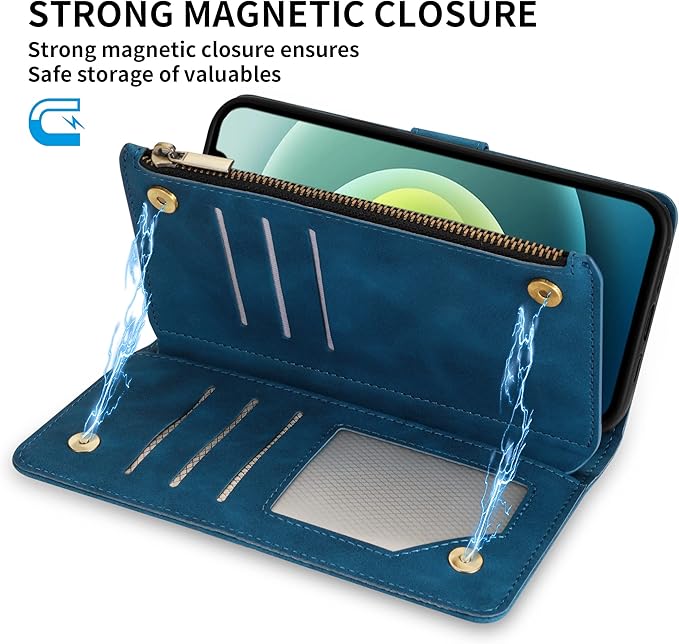 ZZXX for iPhone 12 Mini Wallet Case with Card Slot Premium Soft PU Leather Zipper Flip Folio Wallet with Wrist Strap Kickstand Protective for iPhone 12 Mini Case Wallet(Blue 5.4 inch)