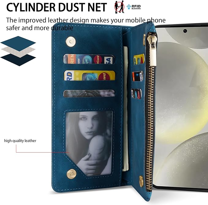 ZZXX for Samsung Galaxy S24 Wallet Case with RFID Blocking Card Slot PU Leather Zipper Flip Folio with Strap Kickstand Protective Cover for Samsung Galaxy S24 Case Wallet(Blue-6.2 inch)