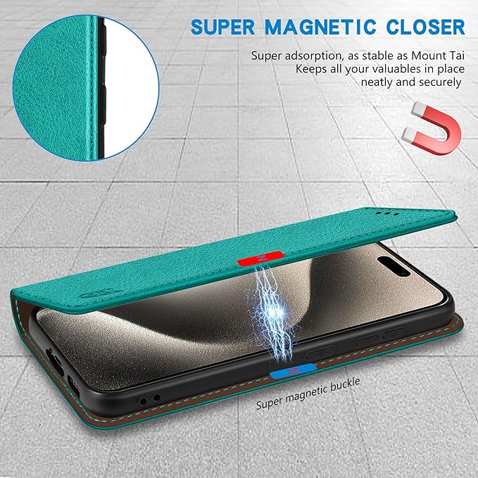 ZZXX for iPhone 15 Pro Max Wallet Case with [RFID Blocking] Card Slot Stand Strong Magnetic Leather Flip Fold Protective Phone Case for iPhone 15 Pro Max Case Wallet(Lake Blue-6.7 inch)