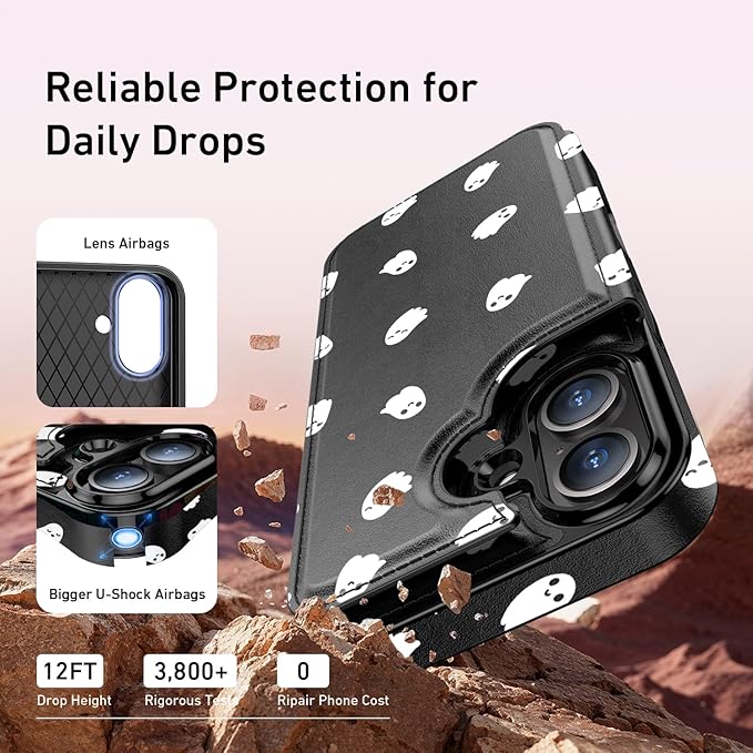 FUNMIKO for iPhone 16 Plus Wallet Case with Card Holder, RFID-Blocking, Military-Grade Protection & UV-Printed Artwork, Magnetic Closure with Leather Kickstand - Cute Ghost