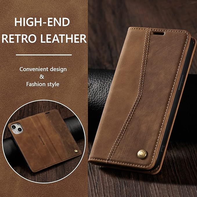 QLTYPRI Case for iPhone 14, Vintage PU Leather Wallet Case Card Slot Kickstand Magnetic Closure Shockproof Flip Folio Book Case Cover for iPhone 14(6.1 inch) - Retro Brown