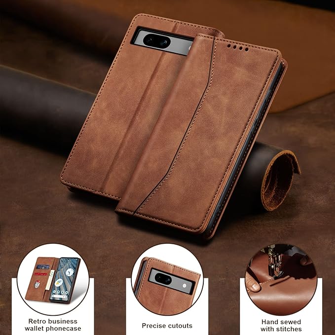 Jasonyu Flip Wallet Case for Google Pixel 7A,Leather Magnetic Folio Cover with Card Holder,Kickstand - TPU Shockproof Durable Protective Phone Case,Brown