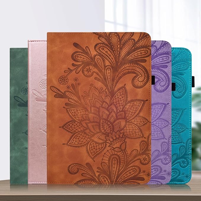 Case for Lenovo Tab M10 Plus 3rd Gen 10.6 Inch 2022 (TB125FU/128FU), Embossed Lace PU Leather Flip Folio Tablet Case with Elastic Band & Card Slots/Holder, Multi-Angle Viewing Stand Cover, Brown