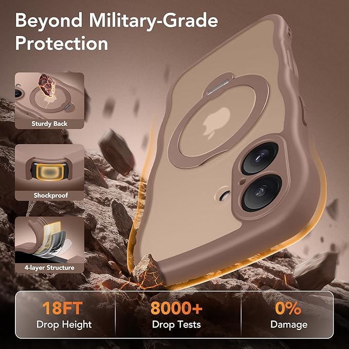 GolbinBox for iPhone 16 Plus Case,[Compatible with Magsafe][360° Spin Magnetic Stand][Military-Grade Protection][Camera Control][Cute Wave Edge] Translucent Matte Women Phone Cover for 16 Plus, Brown