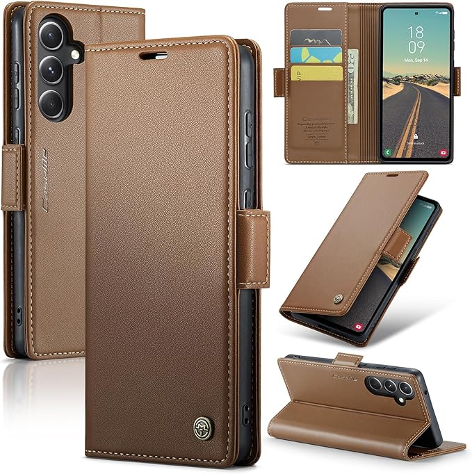 AUPAI for Samsung Galaxy S23 FE Wallet Case with Credit Card Holder, PU Leather RFID Blocking Folio Flip Kickstand Magnetic Clasp Protective Phone Cover for Women Men Brown