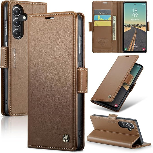 AUPAI for Samsung Galaxy S23 FE Wallet Case with Credit Card Holder, PU Leather RFID Blocking Folio Flip Kickstand Magnetic Clasp Protective Phone Cover for Women Men Brown