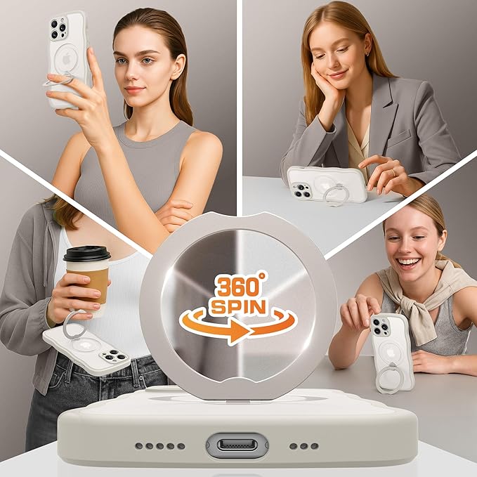 GolbinBox for iPhone 13 Pro Max Case for Women,[Compatible with Magsafe][360° Spin Magnetic Stand][Cute Wave Edge][Military-Grade Protection] Translucent Matte Phone Case for iPhone 13 ProMax, Stone