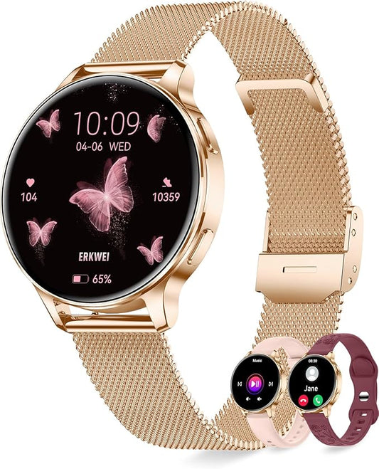 Smart Watches for Women 3 Bands 1.29" AMOLED Smartwatch Compatible Android and iOS Phones Answer/Make Calls Fitness Tracker Watch with 110+ Sports Modes Heart Rate Monitor Pedometer Sleep Rose Gold
