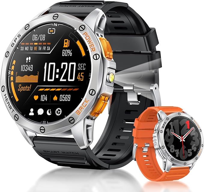 Military Smart Watch for Men & Women, 1.43" AMOLED Smartwatch with 100+ Sport Modes,Heart Rate Monitor, Compass, Flashlight, GPS, Compatible iOS & Android (Silver)