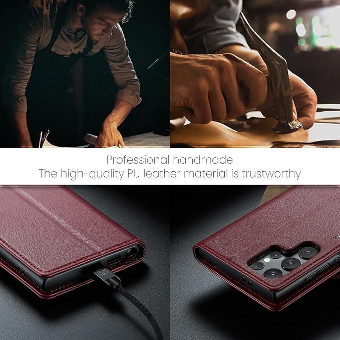 AUPAI for Samsung Galaxy S24 Ultra Wallet Case with Credit Card Holder, PU Leather RFID Blocking Folio Flip Kickstand Magnetic Clasp Protective Phone Cover for Women Men Wine Red