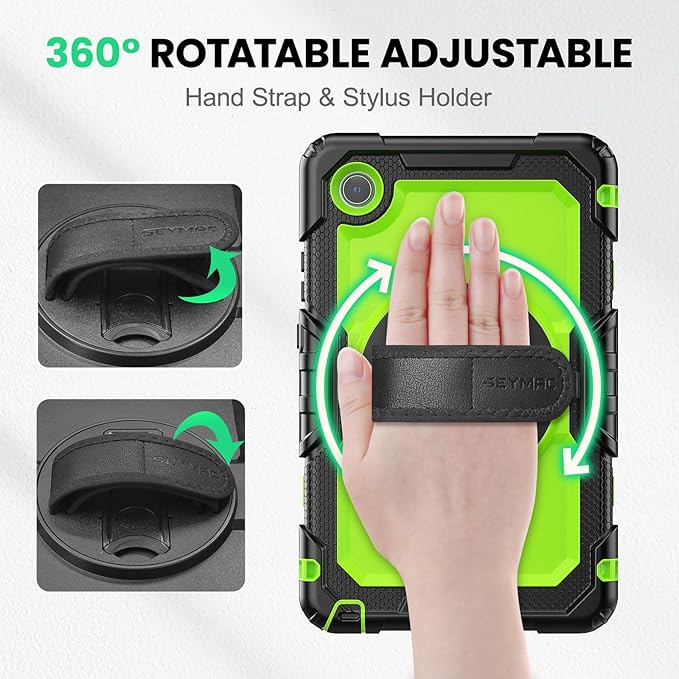 SEYMAC Case for Lenovo Tab One 8.7 inch/ K9 TB305FU (2025), Heavy Duty Full-Body Shockproof Protective Case with Screen Protector, Stand, Hand/Shoulder Strap and Pen Holder, Green