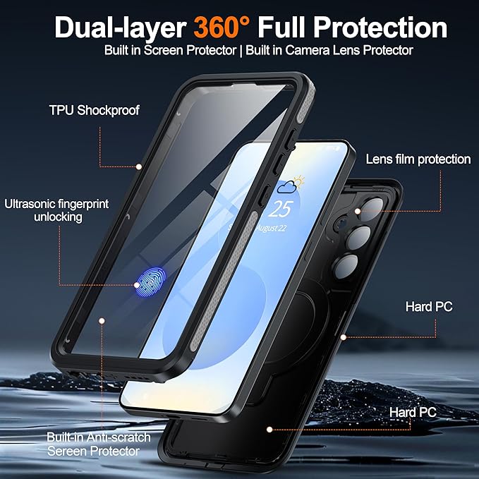 Magnetic & Stand for Samsung Galaxy S25 Case Waterproof[Built-in Screen Protector][Fit for Magsafe][Invisible Kickstand] 360° Full Body Sealed Protective Dustproof Shockproof Case Black