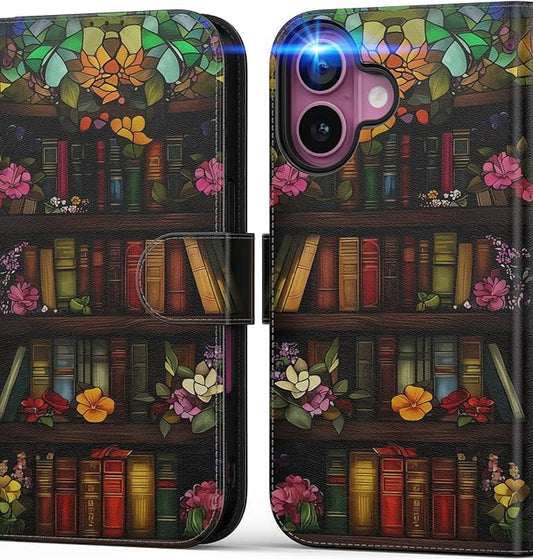 DEENAKIN for iPhone 16 Wallet Case with Card Holder + Cash Clip, RFID-Blocking, Military-Grade Drop Protection, Magnetic Closure with Leather Kickstand - Bookshelf Flowers