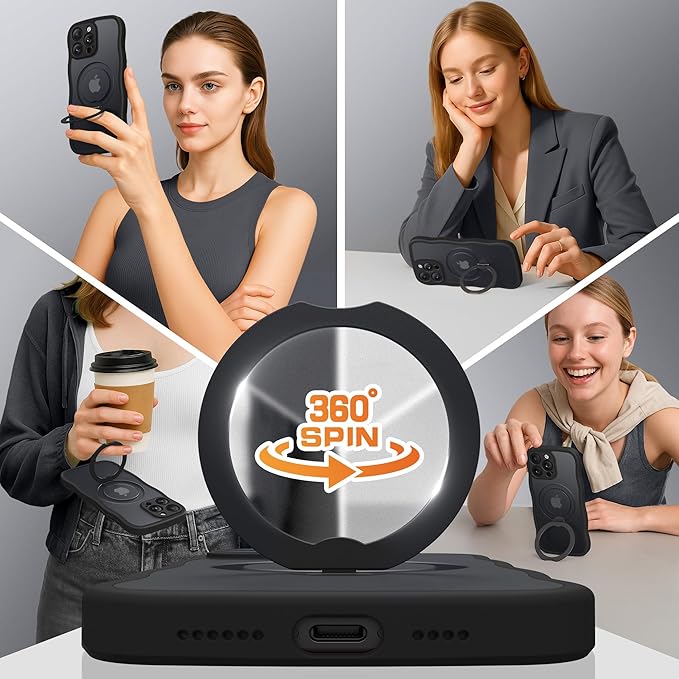 GolbinBox for iPhone 16 Pro Max Case for Women,[Compatible with Magsafe][360° Spin Magnetic Stand][Cute Wave Edge][Military-Grade Protection] Translucent Matte Phone Case for iPhone 16 ProMax, Black