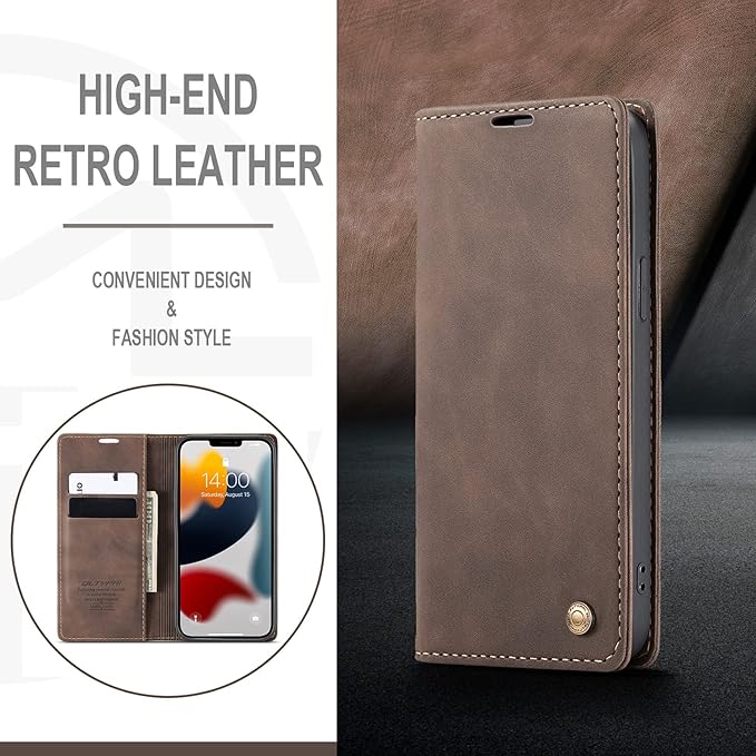 QLTYPRI Case for iPhone 14, Vintage PU Leather Wallet Case Card Slot Kickstand Magnetic Closure Shockproof Flip Folio Book Case Cover for iPhone 14(6.1 inch) - Coffee Brown