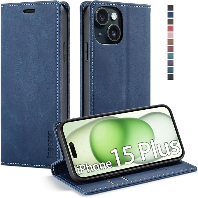 japezop iPhone 15 Plus 5G Wallet Case with RFID Blocking, Card Holder Kickstand Magnetic Leather Flip Case Wallet for iPhone 15 Plus 5G 6.7 Inch(Blue)