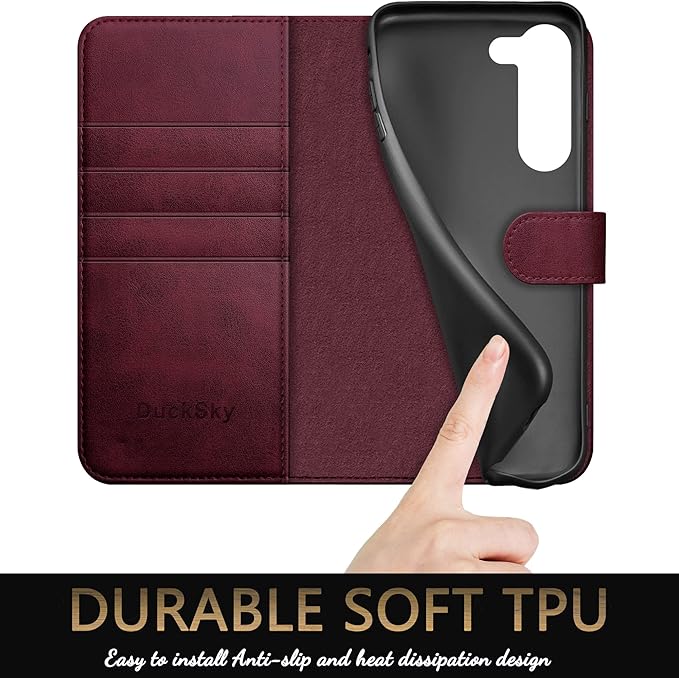 for Samsung Galaxy S23 5G Genuine Leather Wallet case 【RFID Blocking】【4 Credit Card Holder】【Real Leather】 Flip Folio Book Phone case Protective Cover Women Men for SamsungS23 case Wine Red