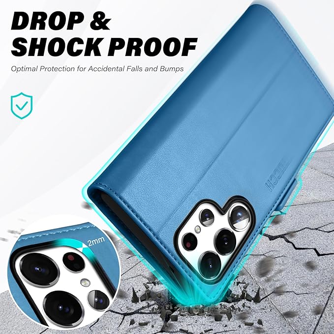 TUCCH Wallet Case for Galaxy S25 Ultra with [TPU Shockproof Interior Case] [RFID Blocking] Folio Stand Card Slot, Magnetic PU Leather Protect Folio Cover Compatible with Galaxy S25 Ultra, Light Blue