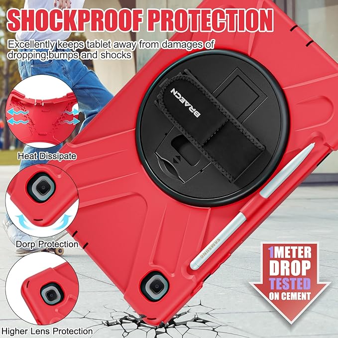 BRAECNstock for Samsung Galaxy Tab S6 Lite Case 10.4 Inch 2024/2022/2020 (SM-P620/P610/P619) Shockproof Protective Silicone Tab S6 Lite Kids Case Cover with Pen Holder Rotating Stand Hand Strap - Red
