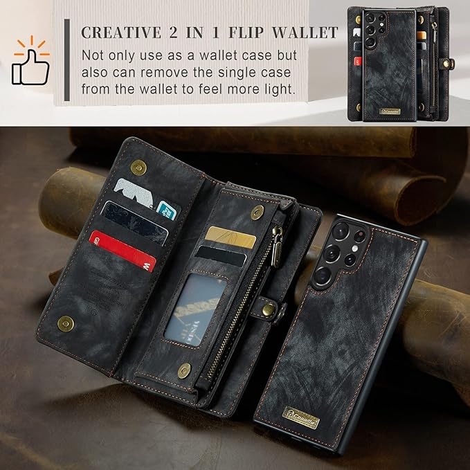 SZHAIYU 2 in 1 Detachable for Samsung Galaxy S23 Ultra Wallet Case with Card Holder, Retro Premium Flip Leather Cover Magnetic Zipper Pocket Phone Cases 6.8'' (Black,S23 Ultra)