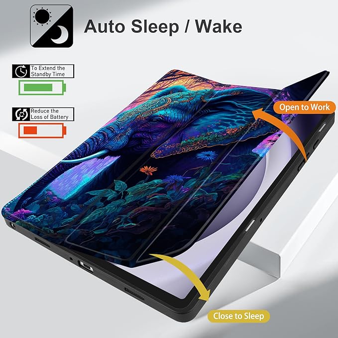 MEEgoodo Case for Samsung Galaxy Tab A9 Plus 11 inch Cover 2024 2023 with S Pen Holder, A9+ Smart Tablet Cases with Leather Trifold Stand+Soft TPU Back Shell+Smart Auto Wake/Sleep, Elephants