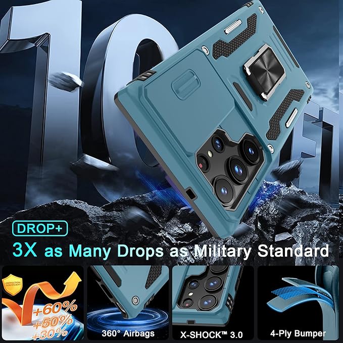 DEERLAMN Case for Samsung Galaxy S25 Ultra with Slide Camera Cover+Screen Protector (1 Pack), Rotated Ring Kickstand Military Grade Shockproof Protective Cover-Light Blue