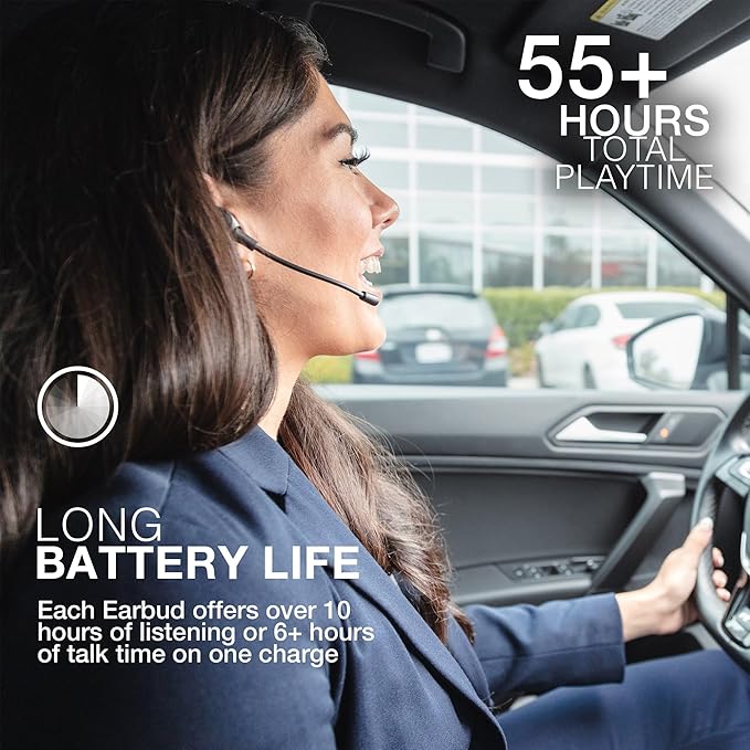 JLab Work Buds in-Ear True Wireless Headset with Detachable Noise-Canceling Boom Mic, Black, Long 55+ Total Hours Playtime, Bluetooth Multipoint, USB-C Charging Dock