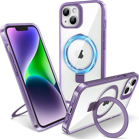 Magnetic Case for iPhone 14 Plus - [Built-in Invisible Stand] [Compatible with MagSafe] [Military Grade Drop Protection] Anti-Yellowing Hard Back Silicone Edge Cover, 6.7", Clear Purple