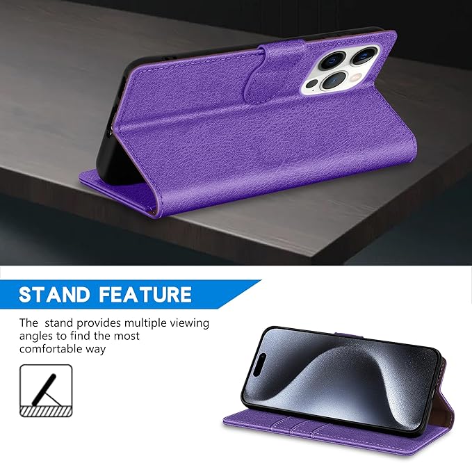 ZZXX for iPhone 15 Pro Wallet Case with [RFID Blocking] Card Slot Kickstand Magnetic Closure Leather Flip Fold Protective Phone Case for iPhone 15 Pro Case Wallet(Purple-6.1 inch)