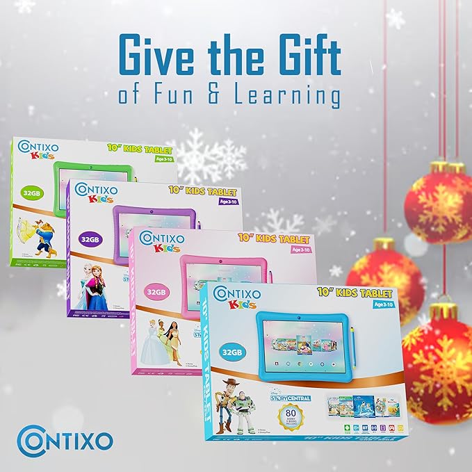 Contixo 10-Inch Kids Tablet - Ages 3-12, 80 Disney eBooks ($350 Value), 32GB Storage, Android, Parental Controls, Silicone Case w/Kickstand, STEM Learning Tablet for Older Kids - Green