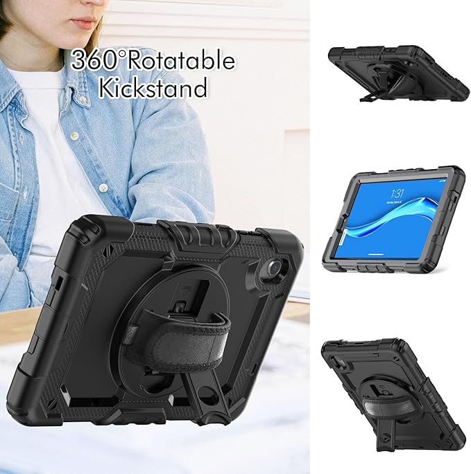 for Lenovo Tab M8 3rd 2022 / M8 (HD/FHD/Smart) 8.0'' (TB-8506FS /8506F TB-8505F / 8505X / 8505FS TB-8705F / 8705N) Case, with Screen Protector, Hand Strap, Shoulder Strap, Rotating Stand Black