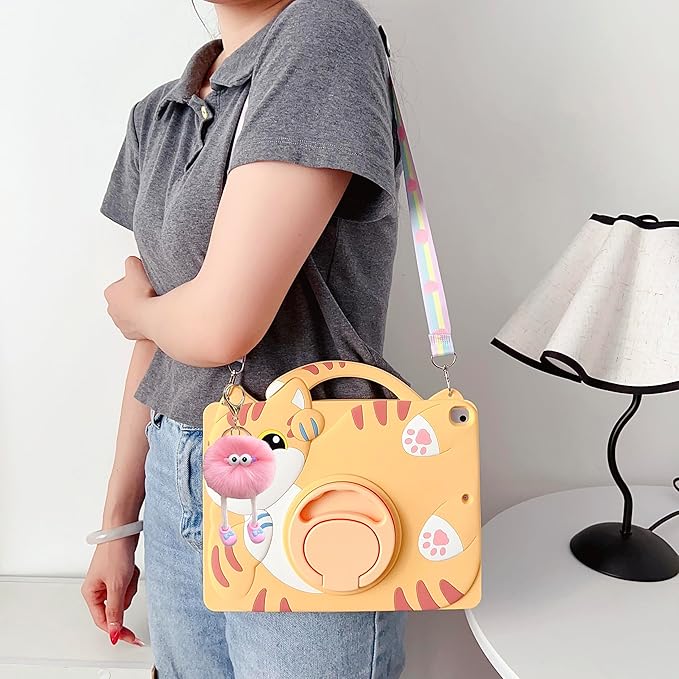 3D Cute Vivid Cat Case for Samsung Galaxy Tab A7 10.4 inch 2022/2020 SM-T500/T505/T507,Kawaii Cartoon Character Pretty Cat Soft Silicone Rotating Stand Case with Lanyard for Kids Teens Girls Women