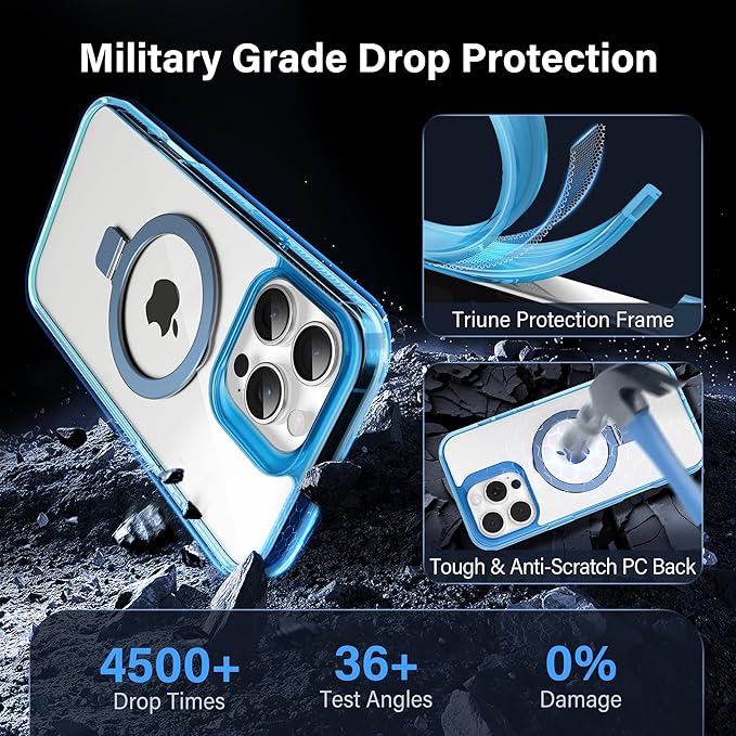 Magnetic Case for iPhone 16 Pro Max - [Built-in Invisible Stand] [Compatible with MagSafe] [Military Grade Drop Protection] Anti-Yellowing Hard Back Silicone Edge Cover, 6.9", Clear Blue