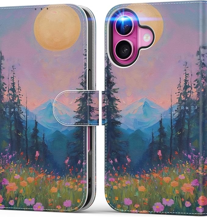 DEENAKIN for iPhone 16 Wallet Case with Card Holder + Cash Clip, RFID-Blocking, Military-Grade Drop Protection, Magnetic Closure with Leather Kickstand - Mountain Blossom Glow
