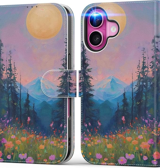DEENAKIN for iPhone 16 Wallet Case with Card Holder + Cash Clip, RFID-Blocking, Military-Grade Drop Protection, Magnetic Closure with Leather Kickstand - Mountain Blossom Glow