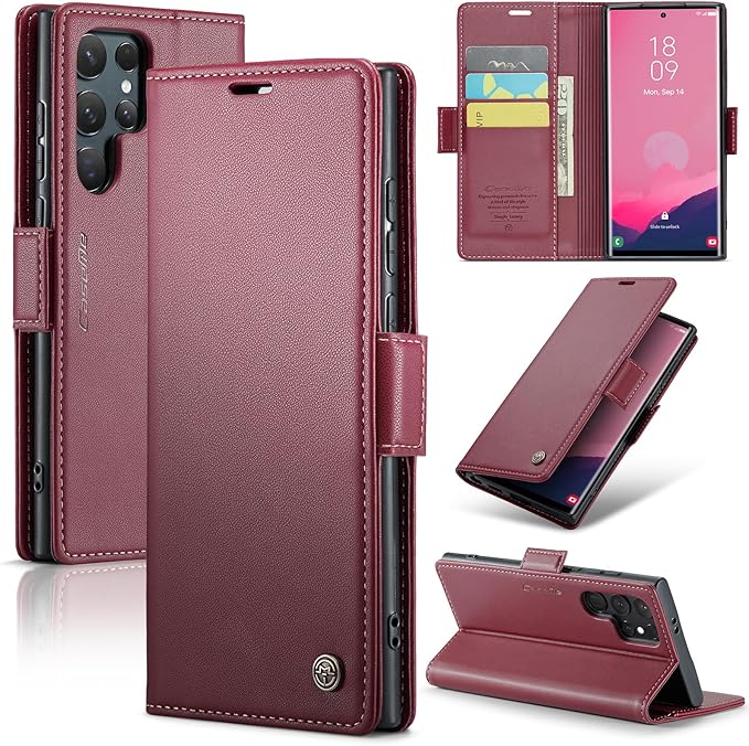 AUPAI for Samsung Galaxy S25 Ultra Wallet Case with Credit Card Holder, PU Leather RFID Blocking Folio Flip Kickstand Magnetic Clasp Protective Phone Cover for Women Men Wine Red