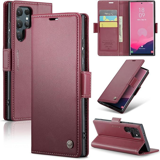 AUPAI for Samsung Galaxy S25 Ultra Wallet Case with Credit Card Holder, PU Leather RFID Blocking Folio Flip Kickstand Magnetic Clasp Protective Phone Cover for Women Men Wine Red