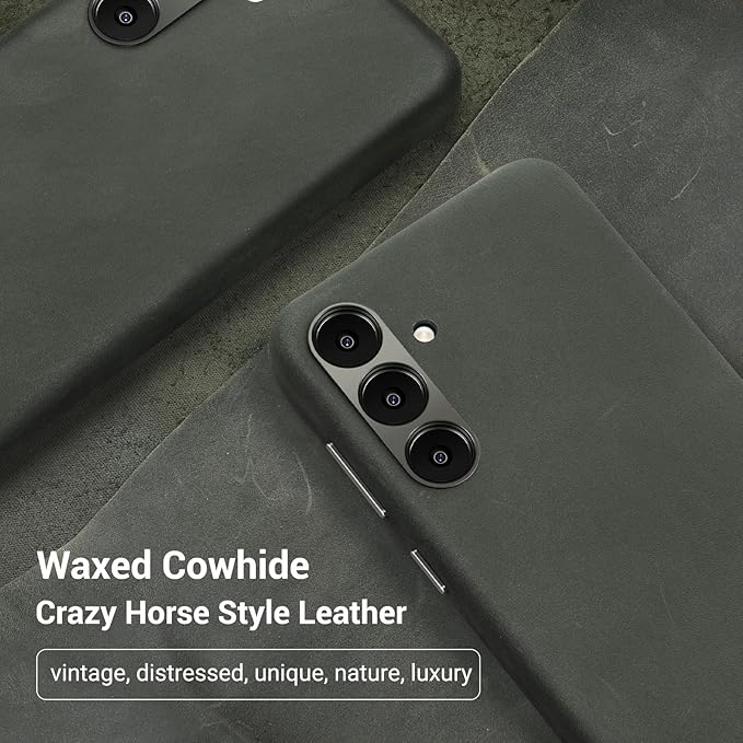 Belemay Leather Case for Samsung Galaxy S24 Compatible with Magsafe - Premium Crazy Horse Leather [Vintage Aesthetics] Unique Patina, Comfort Grip, Metal Buttons, Slim&Soft Cover (6.2") Rustic Green