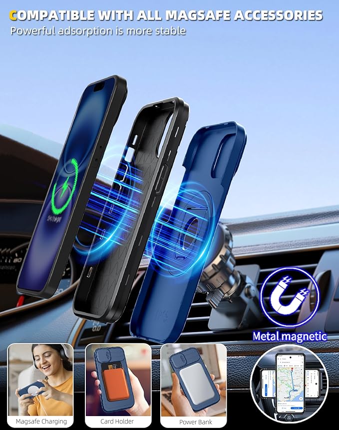 for iPhone 16 Plus Case Magnetic Compatible with MagSafe Wireless Charging with 2 Screen Protectors,Built-in Kickstand Ring Camera Heavy Duty Protection Military Grade Drop Shockproof Blue