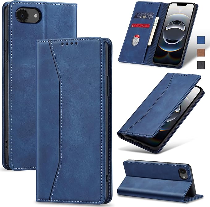 Jasonyu Flip Wallet Case for iPhone 16E,Leather Magnetic Folio Cover with Card Holder,Kickstand - TPU Shockproof Durable Protective Phone Case,Blue