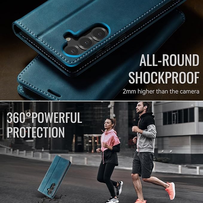 Wallet Case for Samsung Galaxy S24 5G Leather Wallet Flip Cover with Card Holder, Kickstand, Magnetic Closure, RFID Blocking TPU Shockproof Phone Case Compatible with Galaxy S24, Blue-Green