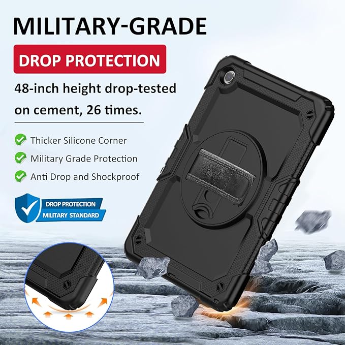 Ambison Case for Samsung Galaxy Tab A9+ Plus 11'' 2023, [Kids Proof] Full Body Protective Case with 9H Tempered Glass Screen Protector, 360° Rotatable Kickstand & Hand Strap (Black)