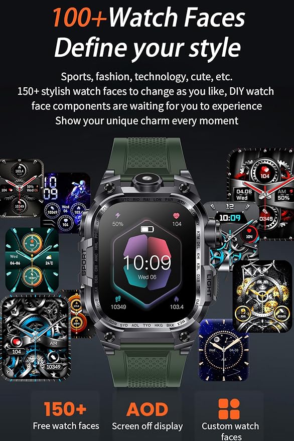 Tough Smart Watch for Working Men with Flashlight, 2.01" HD Ultra Large Rugged Smartwatch Bluetooth Call/Heart Rate/Sleep Monitor Hiking Camping Fitness Track Watches