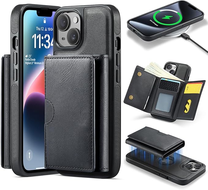 Asuwish Phone Case for iPhone 14 6.1 inch Wallet Magnetic Detachable Cell Cover with Wireless Charging and RFID Blocking Credit Card Holder Flip Stand iPhone14 5G i i-Phone i14 14Case Women Men Black
