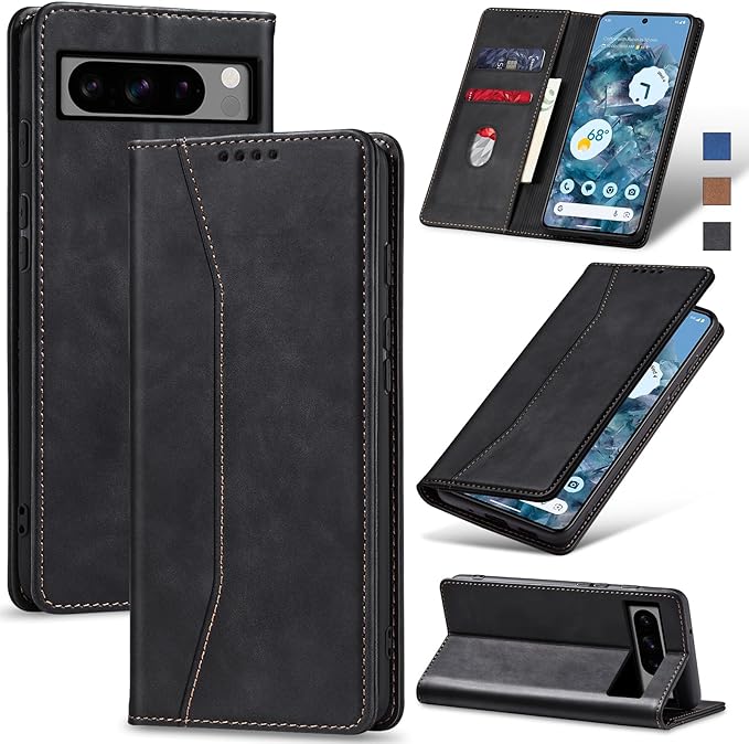 Jasonyu Flip Wallet Case for Google Pixel 8 Pro,Leather Magnetic Folio Cover with Card Holder,Kickstand - TPU Shockproof Durable Protective Phone Case,Black